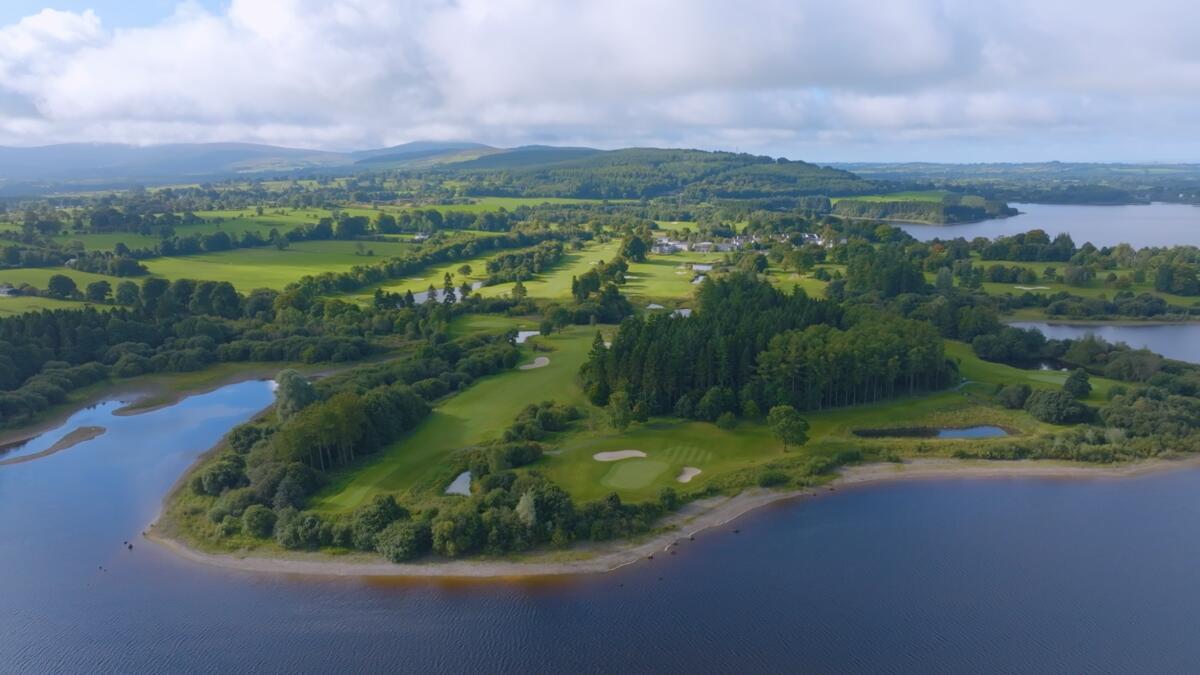 Aerial view of an Irish parkland golf course beside a lake