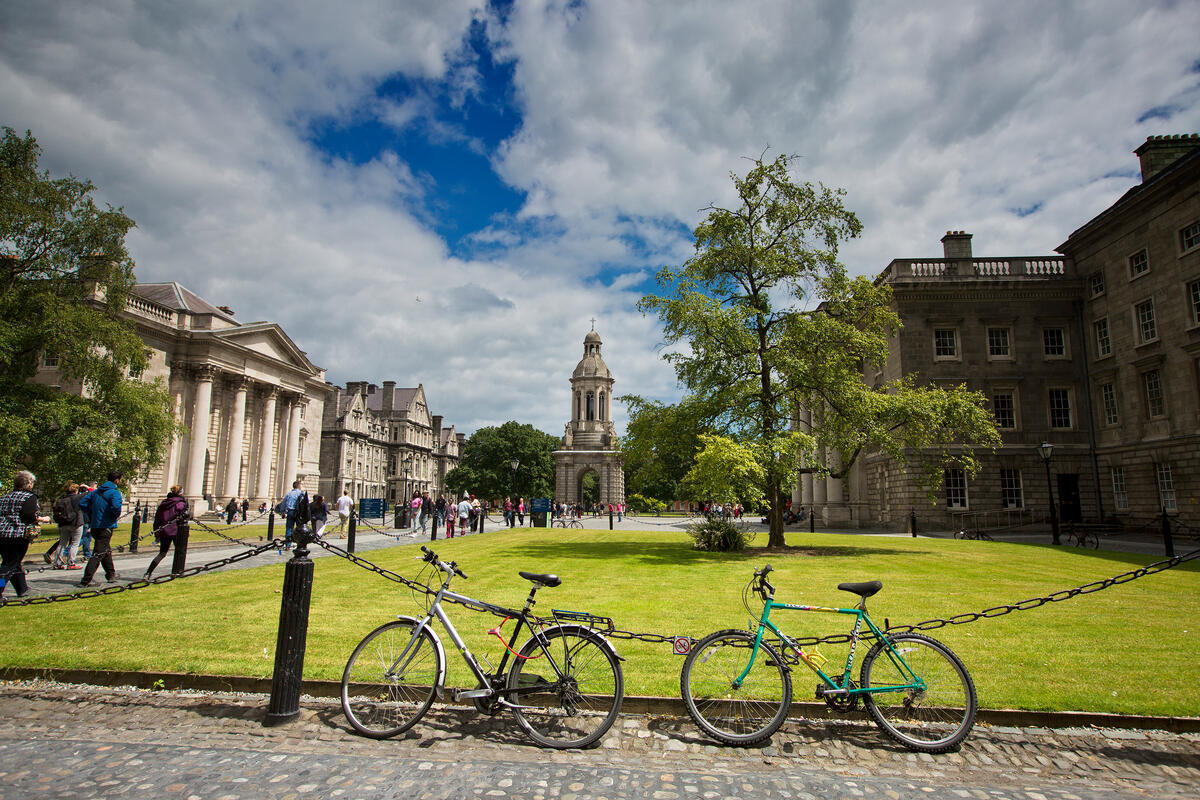 Parliament Square at Trinity College Dublin, with the Campanile and the Examination Hall on a summer day