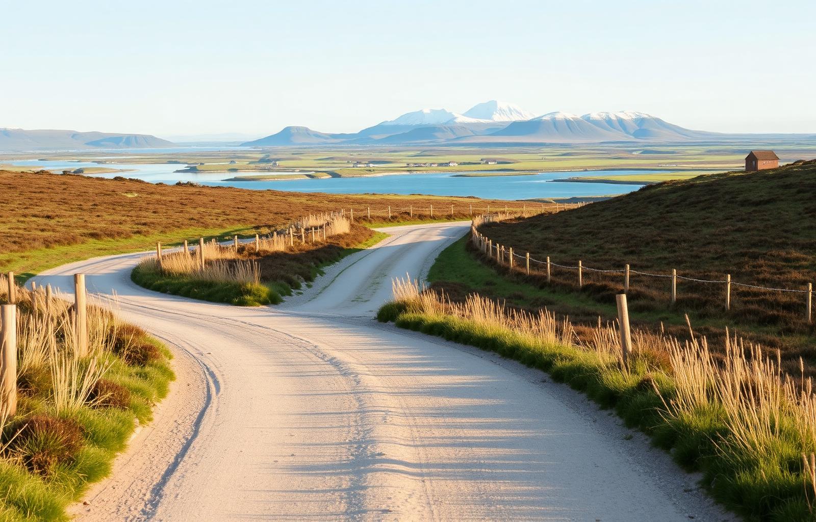 The Great Western Greenway winding through open Mayo countryside above Clew Bay with the Nephin range in the distance