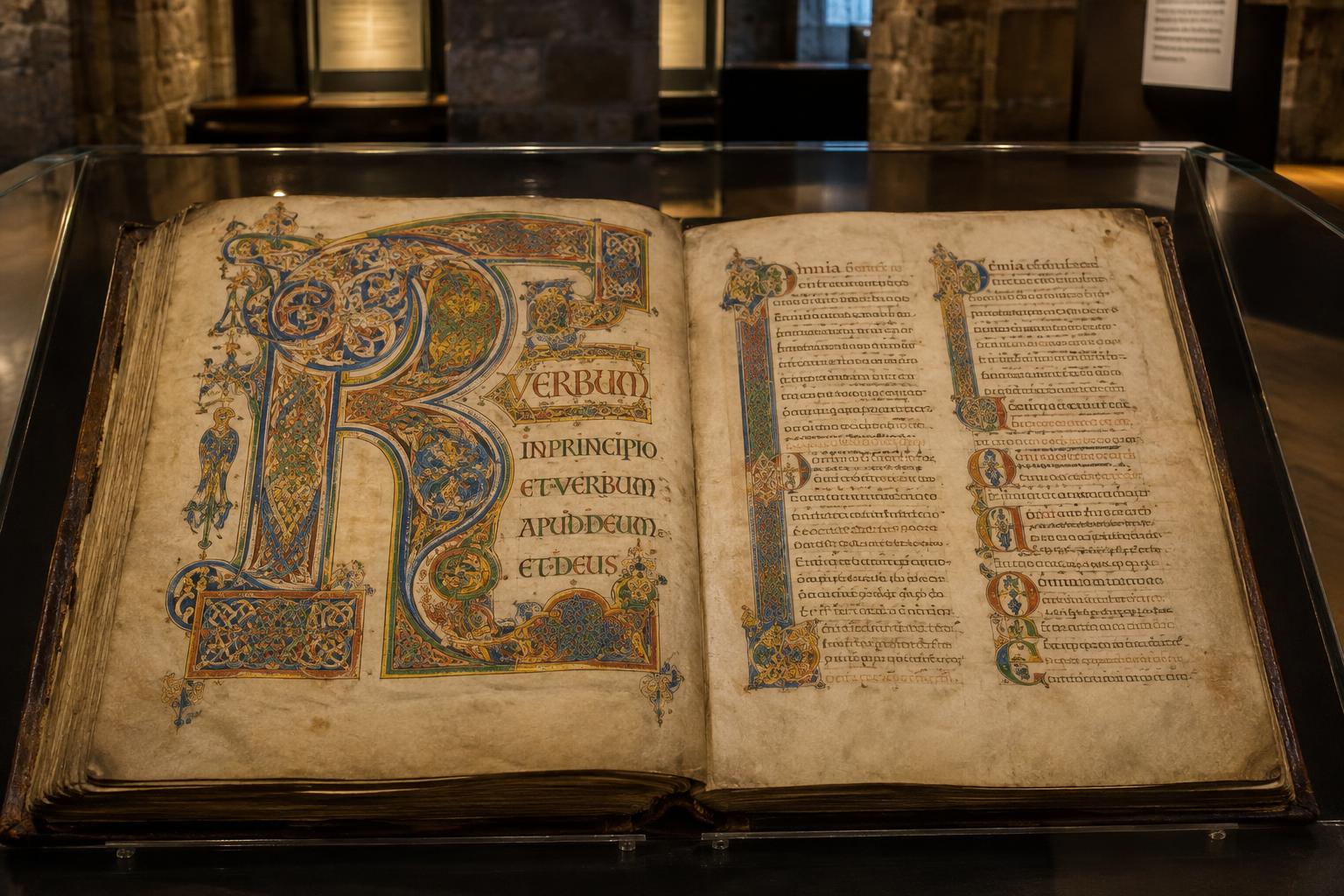An illuminated medieval gospel manuscript open in a glass display case in a dimly lit exhibition room