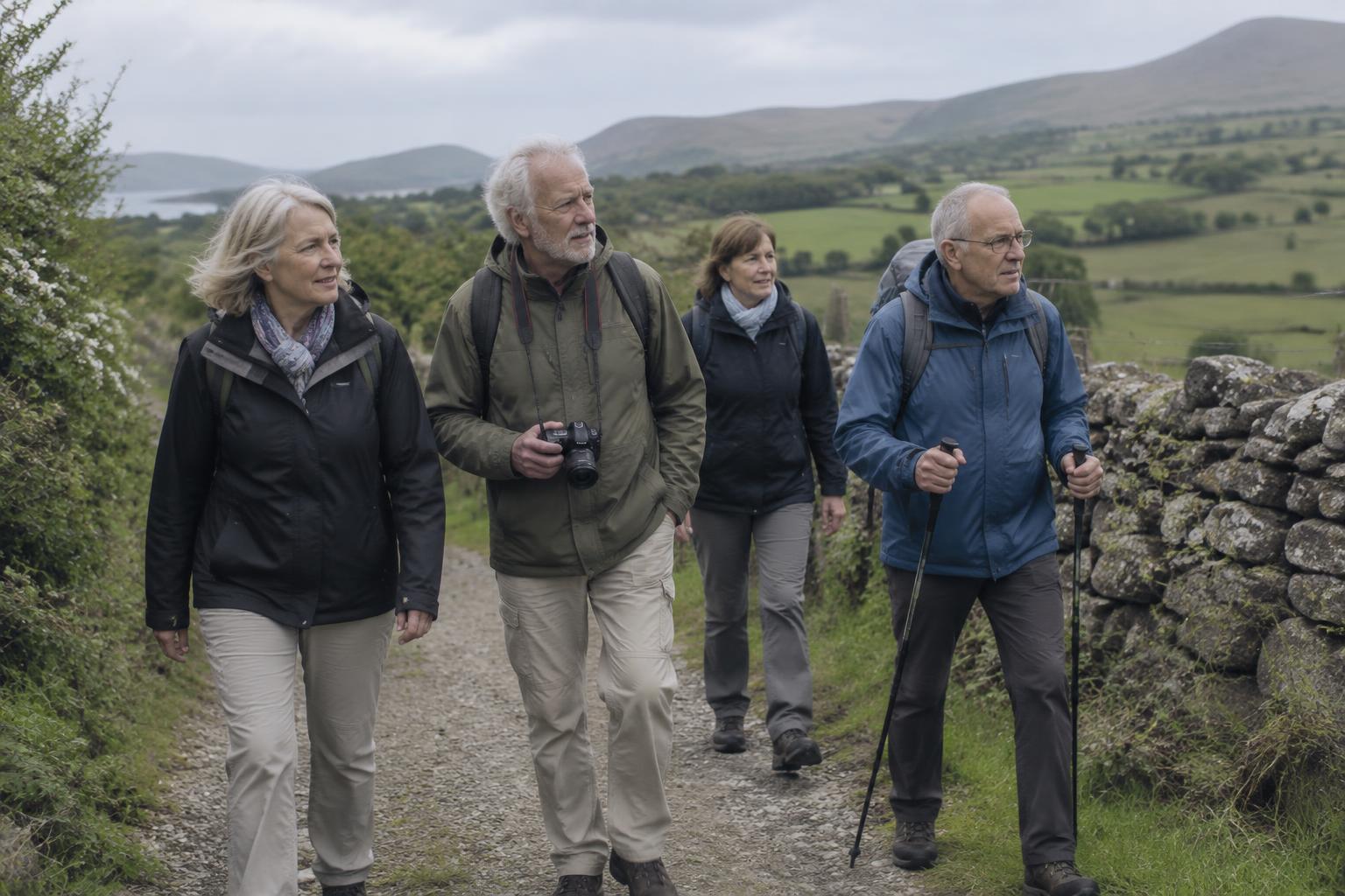 Four older hikers walking a rural Irish greenway trail, with a dry stone wall, hedgerow and rolling pastureland on an overcast day