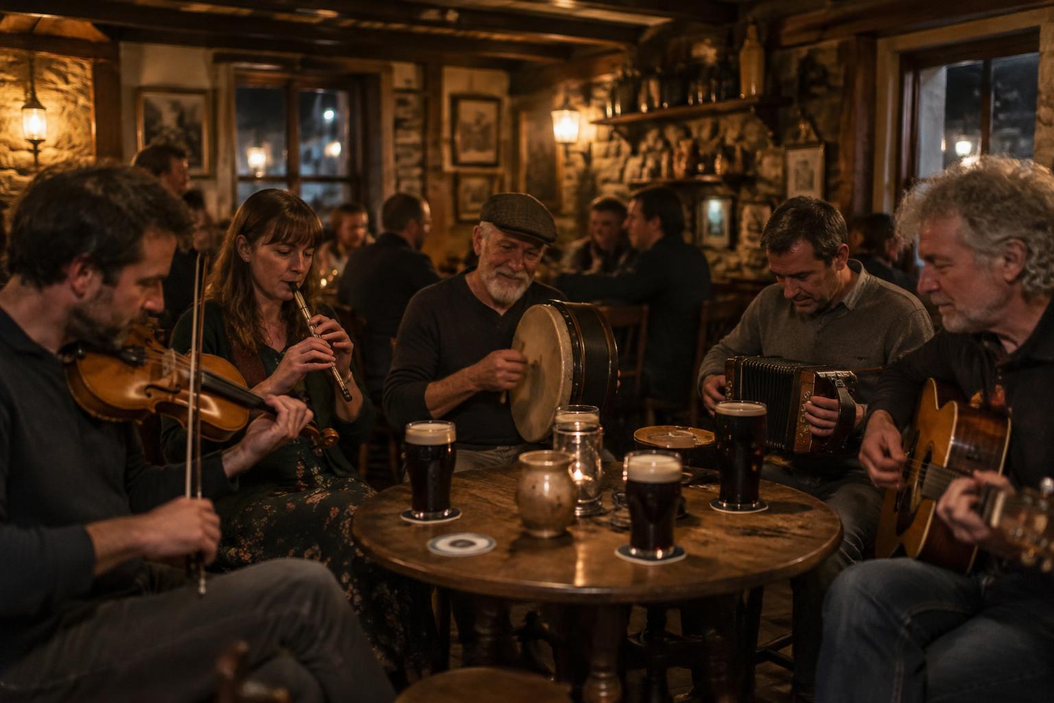 Musicians playing fiddle, tin whistle, bodhrán, concertina and guitar around a pub table at night